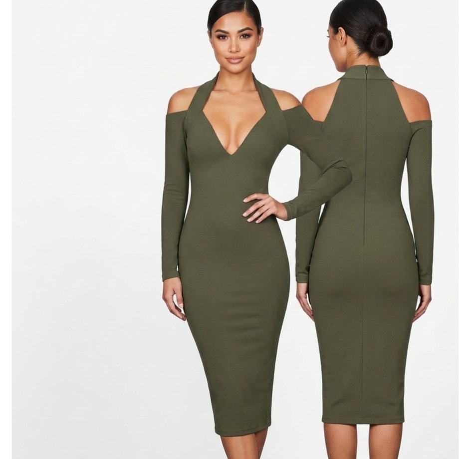 Nookie Cut-Out Bodycon Olive Green Midi Dress